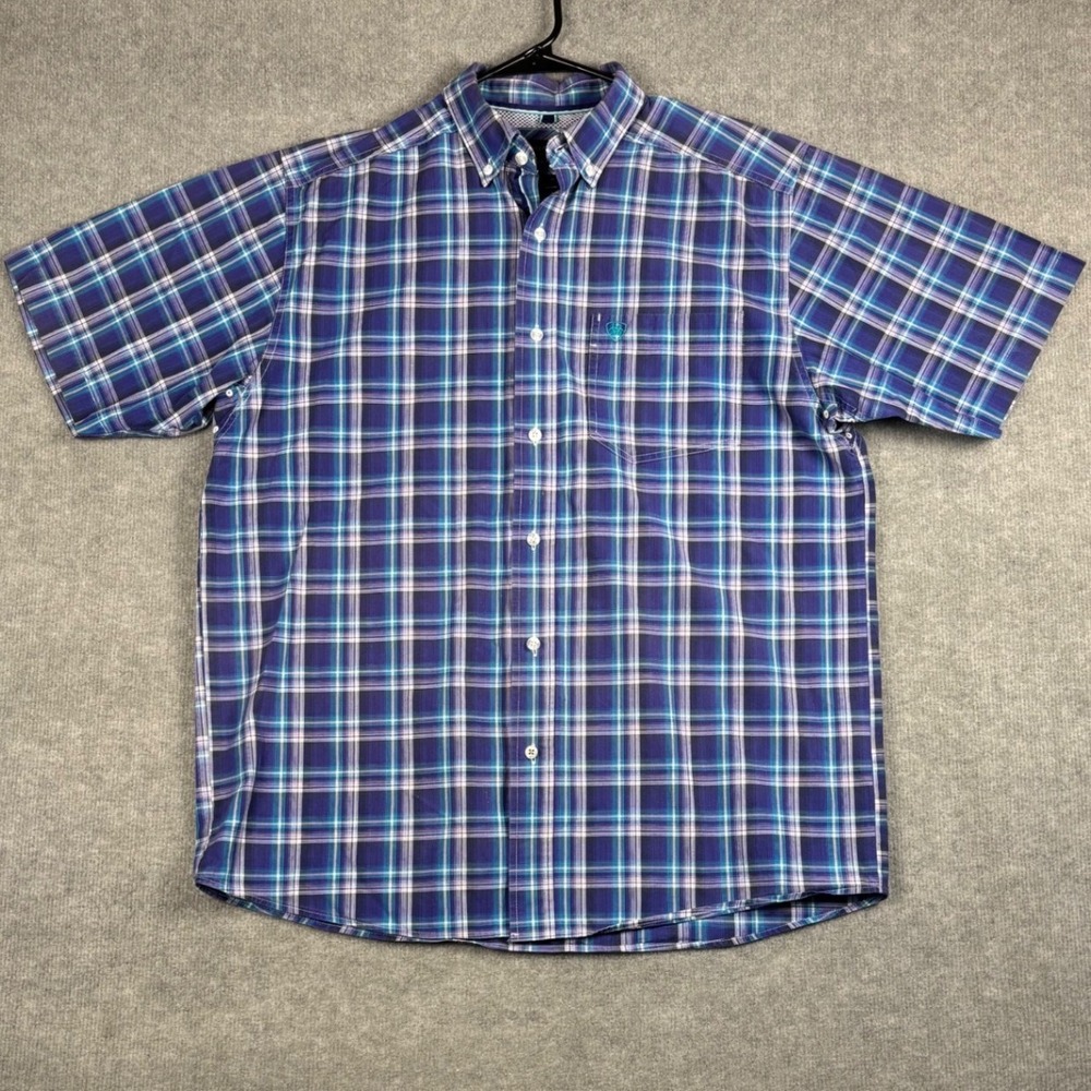Ariat Pro Series Shirt Plaid Short Sleeve Western Button Down Medium Purple Blue